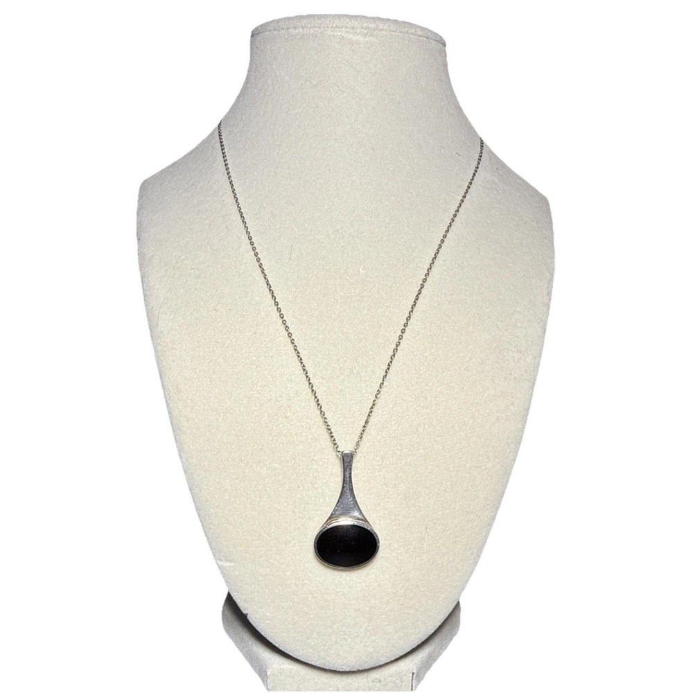 925 Sterling Silver Chain Necklace Oval Black Onyx Signed ATI Pendant J19-42